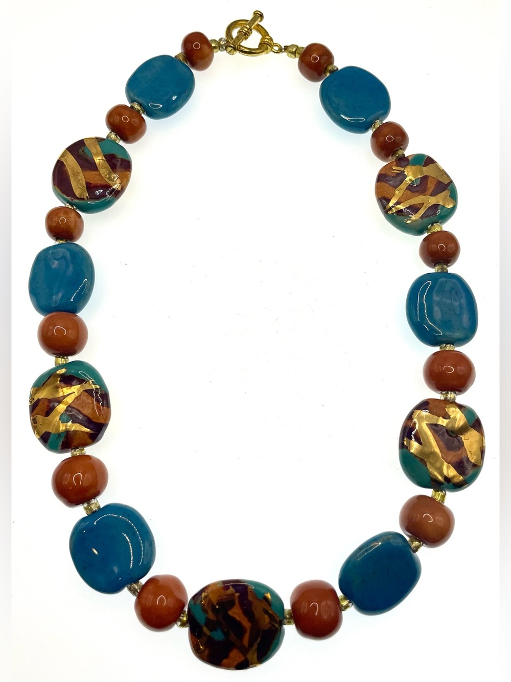 Vintage Artisan Ceramic Beaded Necklace Multicolor Blue Brown Gold Tone